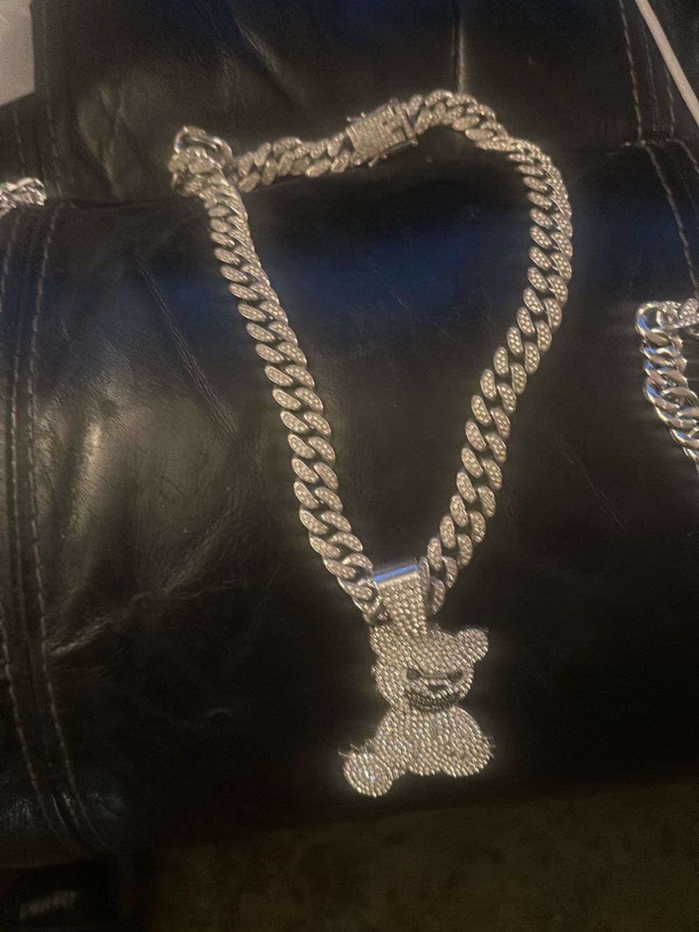 Silver Rhinestone Teddy Pendant Cuban Chain Necklace - Men Accessories